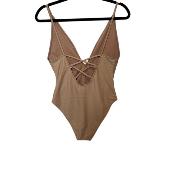 Tan Forever 21 One-Piece Swimsuit With Plunge Neckline & Crisscross Back Straps - Picture 2 of 4